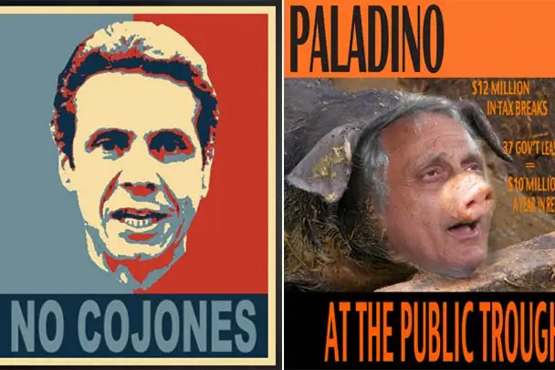 At left, a poster from the Paladino campaign; at right, a poster from NY State Democrats